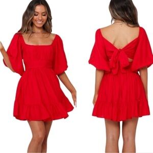 Hello Molly This is Espionage Red Tie Waist Bow Detail Puff Sleeve Mini Dress L